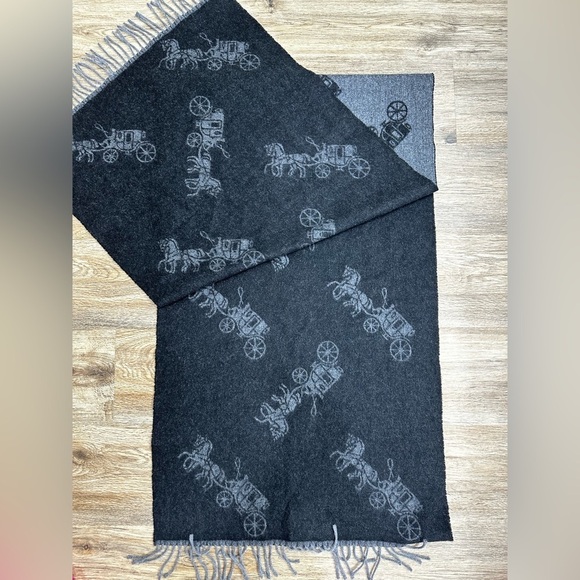 Coach Wool & Cashmere Horse And Carriage Oversized Muffler F76387 Black Gray - Picture 6 of 9